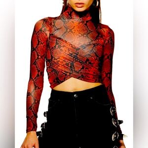 Topshop red/black snake print long sleeve turtleneck wrap shirt - size 4 US